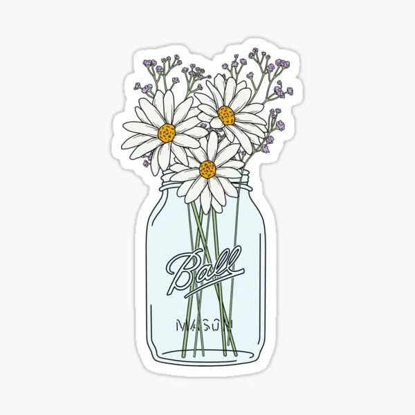 Mason Jar Daisies  5PCS Stickers for Living Room Background Anime Stickers Laptop Water Bottles Luggage Window Cartoon Decor