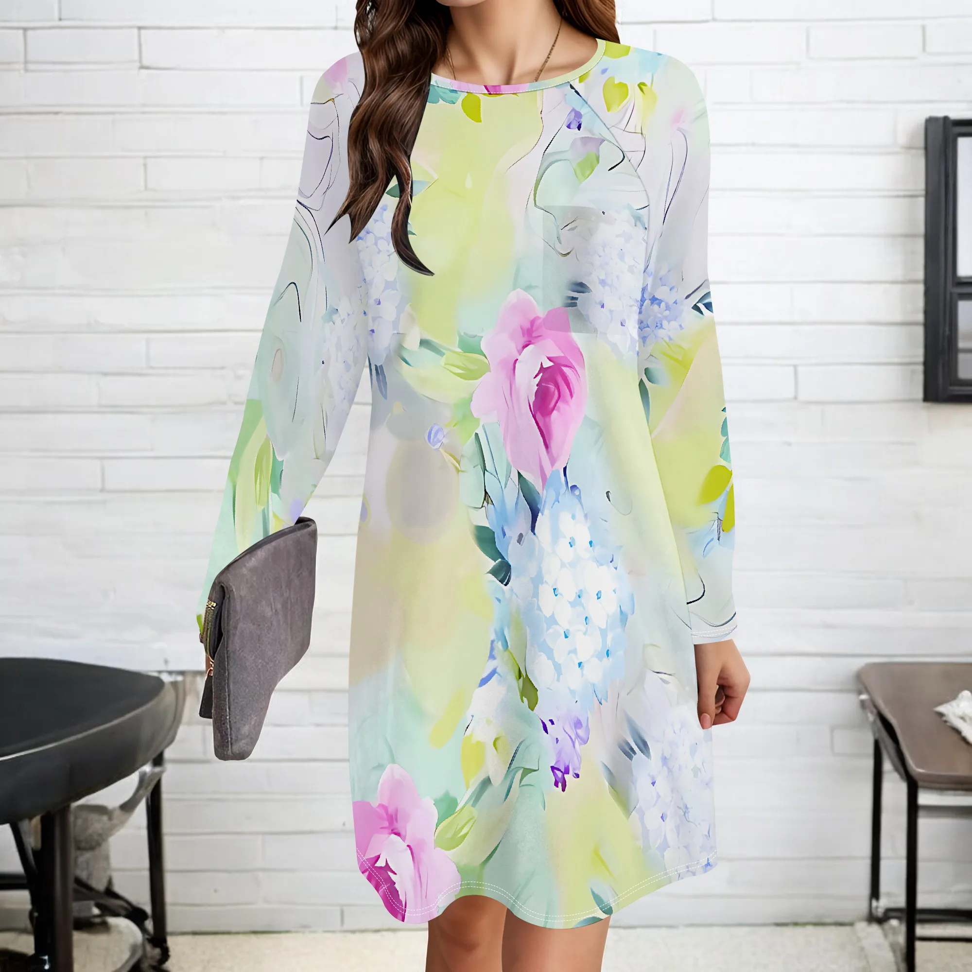 

Women's Summer Autumn 3D Fashion Printed Retro Long Sleeve Round Neck Dress