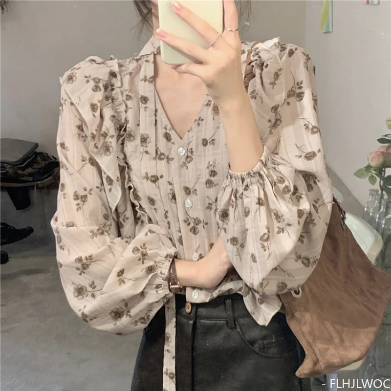 Retro Blume Blumen Fliege Rüschen Tops Frauen Korea Stil Design Langarm elegante süße Band süße Basic Shirts Blusen