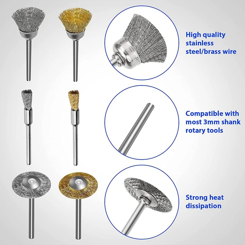 47 Pack Brass Wire Wheel Brush Set Stainless Steel Polishing Wheels Brushes Full Kit Cleaning Rust Brush for Dremel