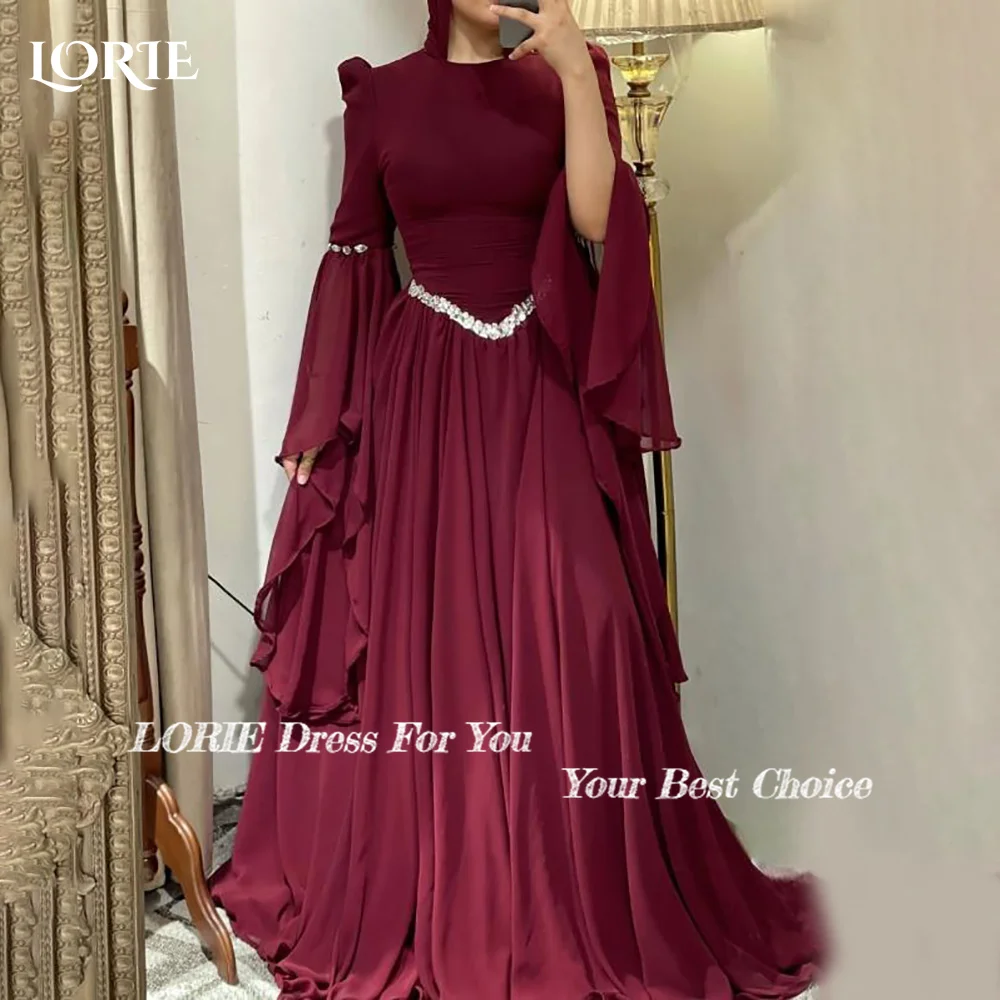 LORIE เจียมเนื้อเจียมตัว Crepe ชุดราตรีจีบพัฟแขนยาวความยาวชุดราตรี Ruched ภาพลวงตา Arabia Party Gowns ที่กําหนดเอง