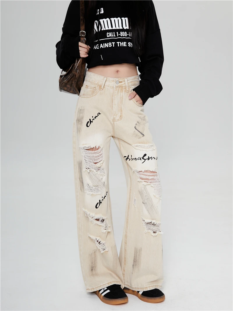 Women Khaki Y2k Ripped Jeans Harajuku Aesthetic Japanese 2000s Style Baggy Denim Trousers Vintage Jean Pants Trashy Clothes 2024