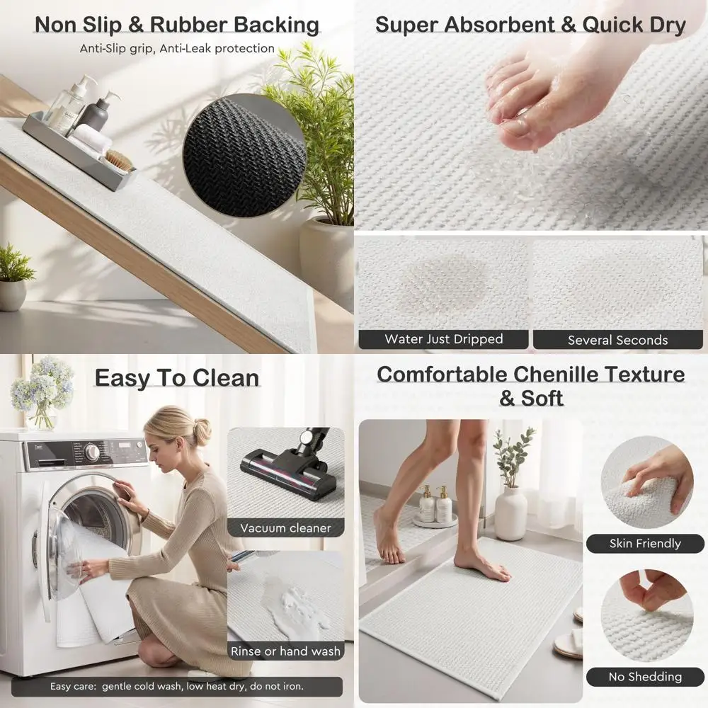 

Chenille Bath Mat Runner with Quick Dry Rubber Backing, Non-Slip, Washable, 17x59, White