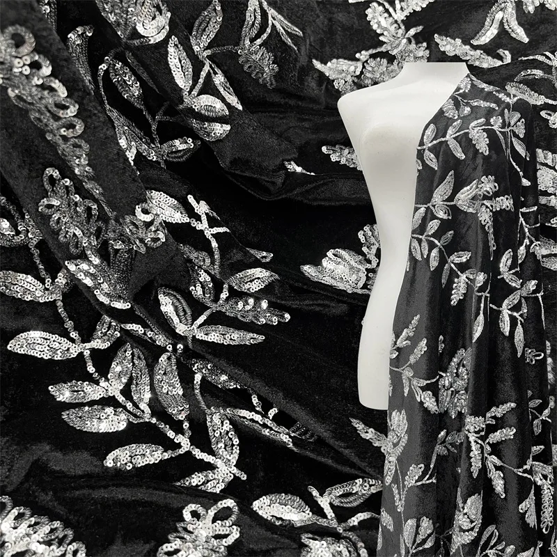 

French fashion velvet silver flake floral pattern sequined lace fabric for wedding dress and evening gown sewing, high quality
