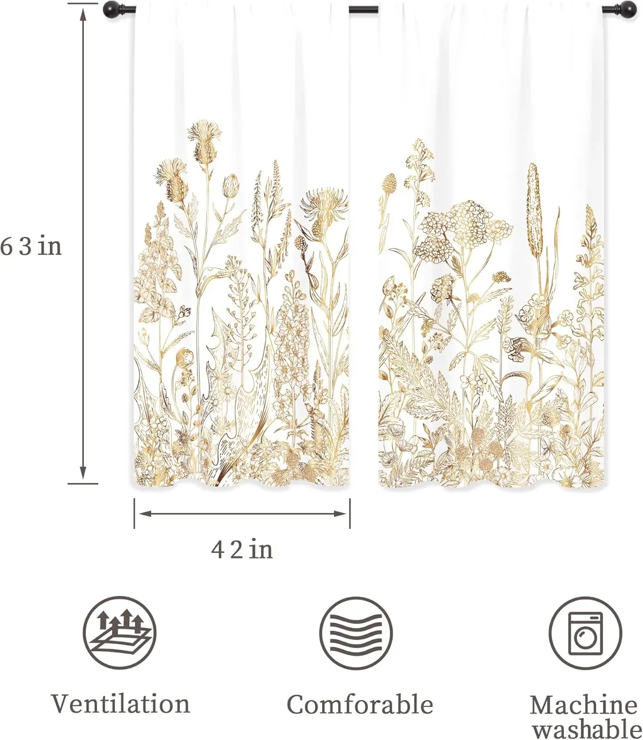 White Gold Floral Wildflower Curtains Rustic Flower Leaves Plant Farmhouse Botanical Botany Nature Rod Pocket Modern Aestehtic