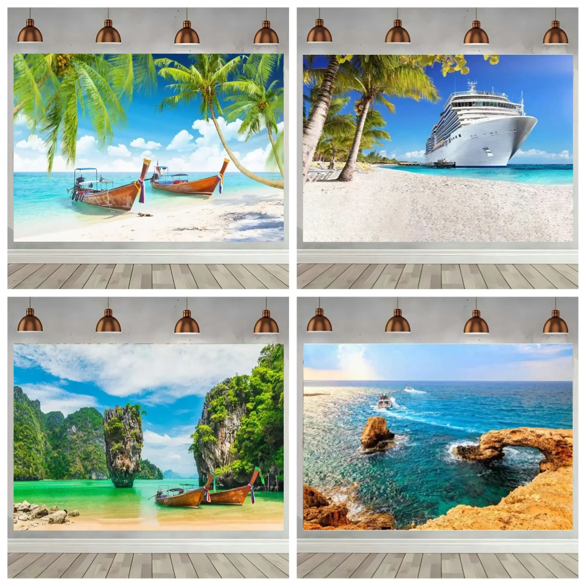 Blue Ocean Beach Backdrop Tropical Summer Background Ship Boat Wharf Sea Surface Holiday Decor Photography Photo Props