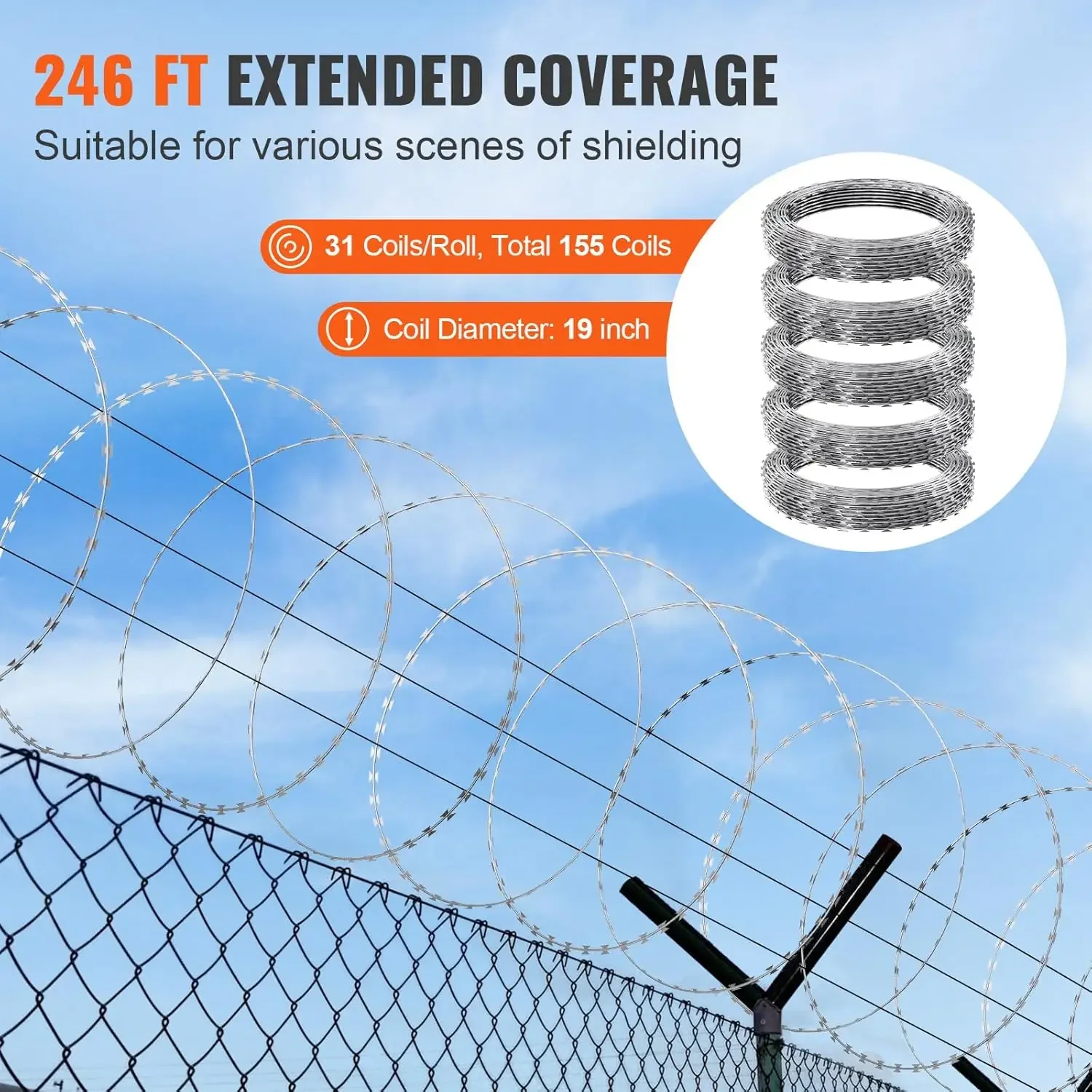 246ft Razor Barbed Wire 5 Coils Per Roll, Razor Ribbon Barbed Wire Galvanized Steel Razor Wire Fence