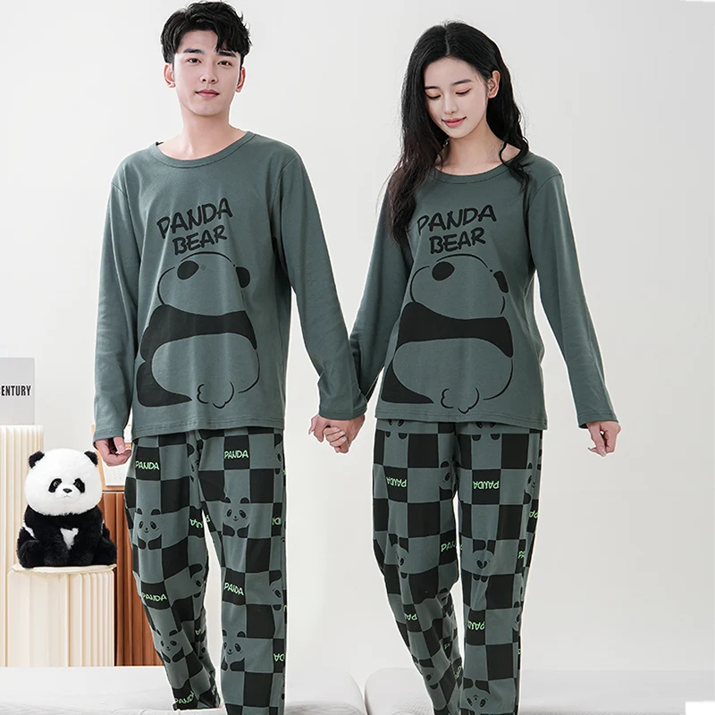 Pajamas For Couples Spring Autumn Animal Panda Comfortable Lady\'s Long Sleeve Cotton Leisure Home Clothes And Nightwear Suit 4XL