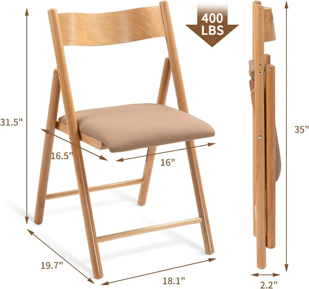 MEFUN-Chaises Pliantes en Bois, Rembourrées avec Coussin en Faux Cuir, Portable et Assemblé, pour Salle de Bain, 2 Paquets