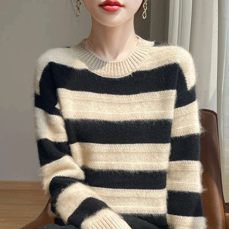 2024 Autumn/Winter New Crewneck Striped Sweater Women 100% Merino Wool Long-sleeved Pullover Fashion Knitted Women's Top