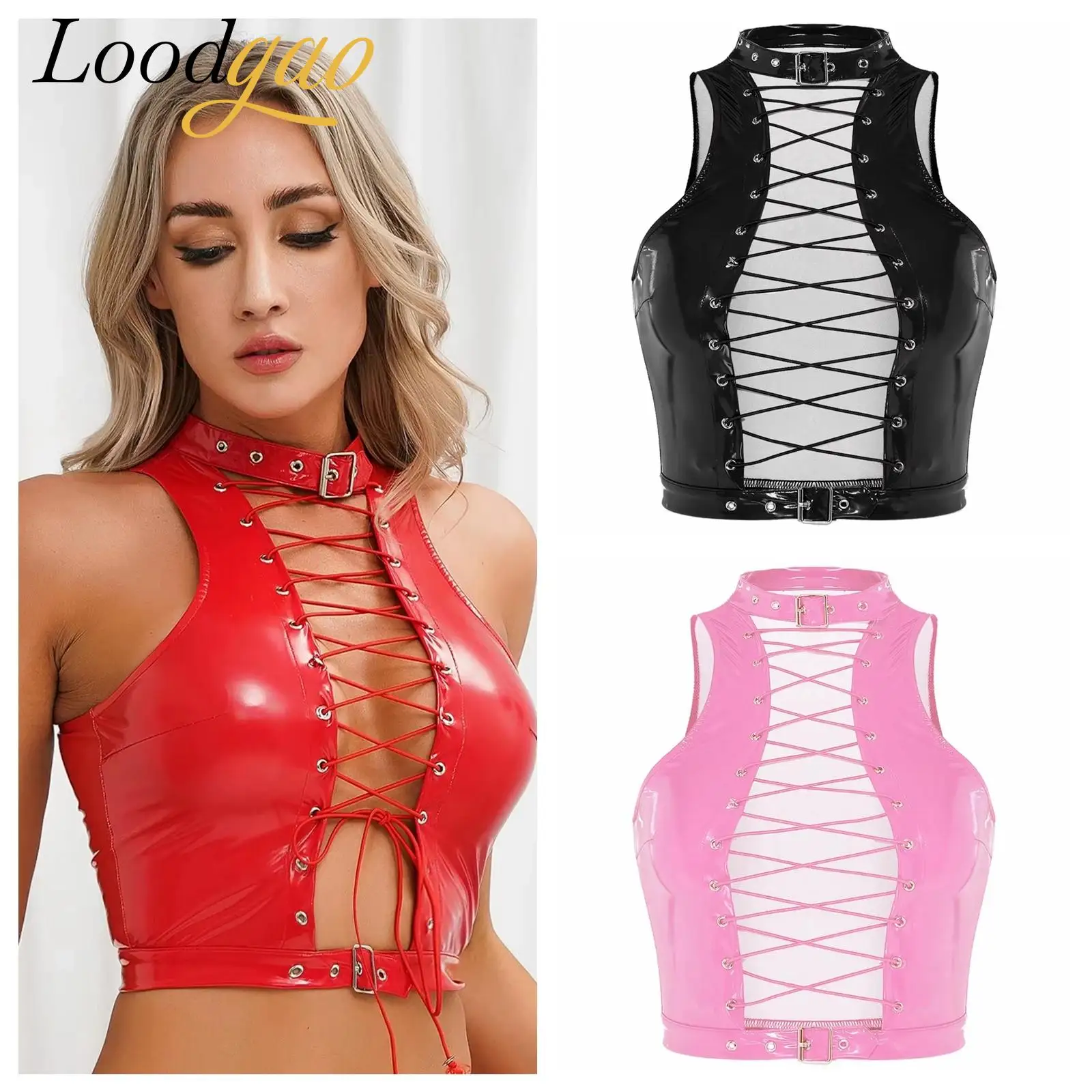 المرأة نظرة الرطب براءات الاختراع والجلود الدبابات القوطية Steampunk حزب كلوبوير الجوف خارج الدانتيل متابعة سترة دون أكمام القطب الرقص المحاصيل الأعلى #1