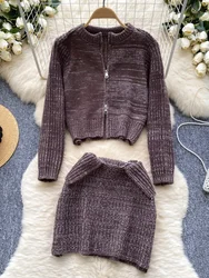 Fashion Casual Sweater 2 Piece Set Women Zipper Long Sleeves Tops + Elatic Waist Wrapped Hip Skirt Female Autumn Knitted Suits