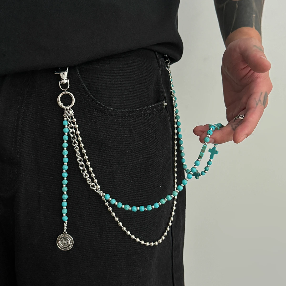 Salircon Vintage Kreuz Blau Stein Perlen Kette Schlüsselanhänger Frauen Männer Trendy Hosen Layered Jeans Ketten Tasche Zubehör Y2K Schmuck