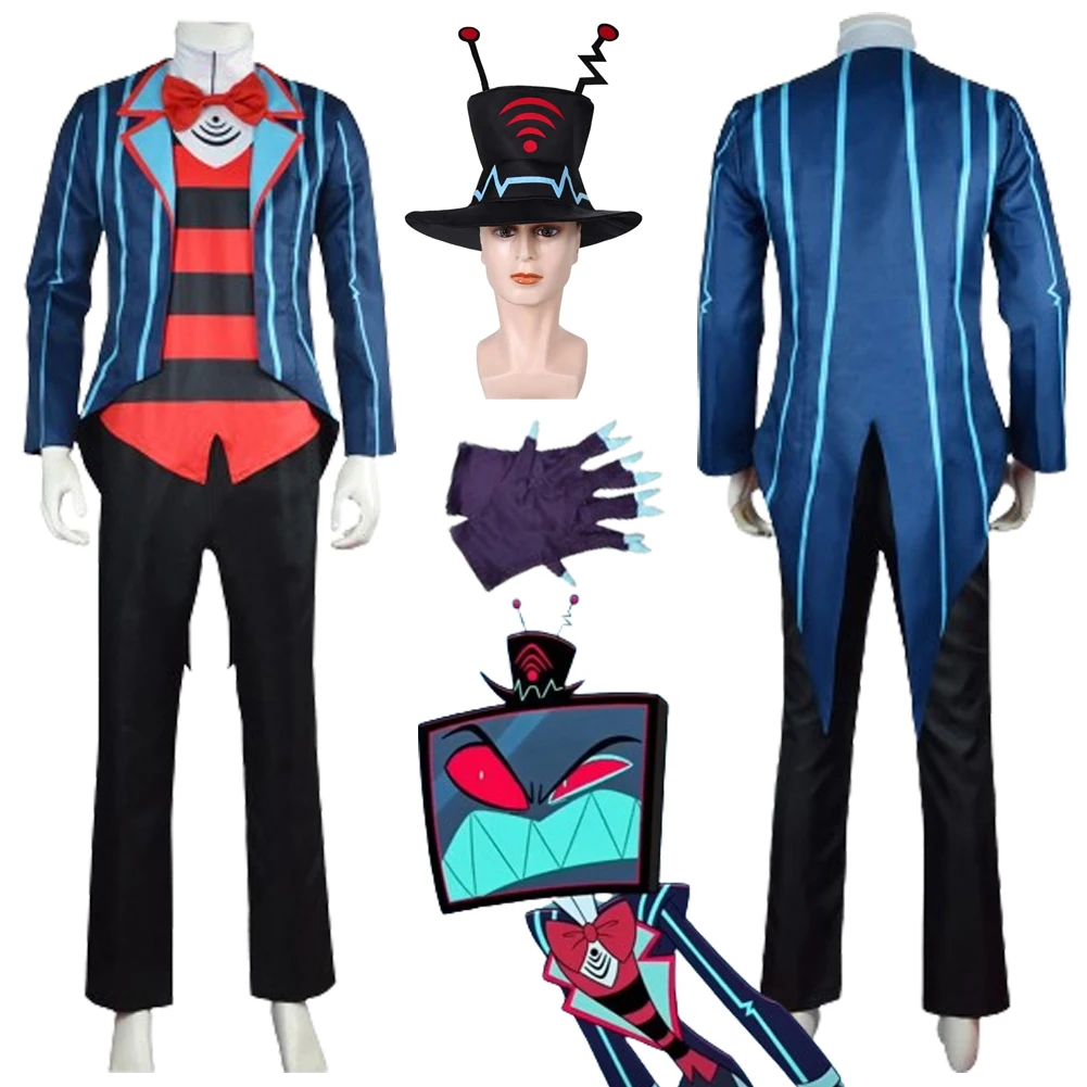 

VOX Cosplay Men Costume Cartoon Hell Inn Roleplay Costume Male Role Glove Hat Halloween Carnival Party Fantasia Suit