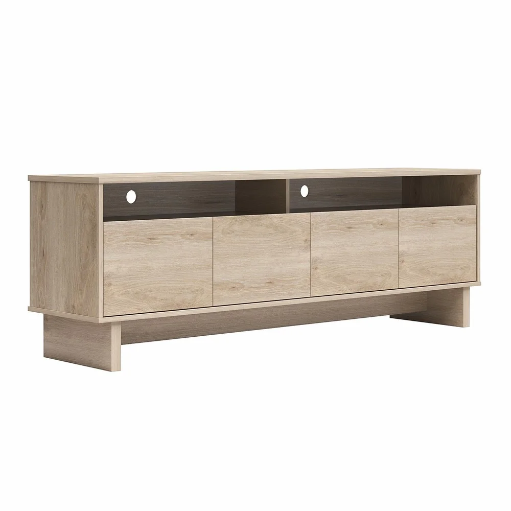 모던 미니멀리스트 4도어 TV 스탠드 콘솔 (최대 75인치 TV 수납 가능, 수납 선반 및 케이블 정리 기능 포함) 이상적인 거실용