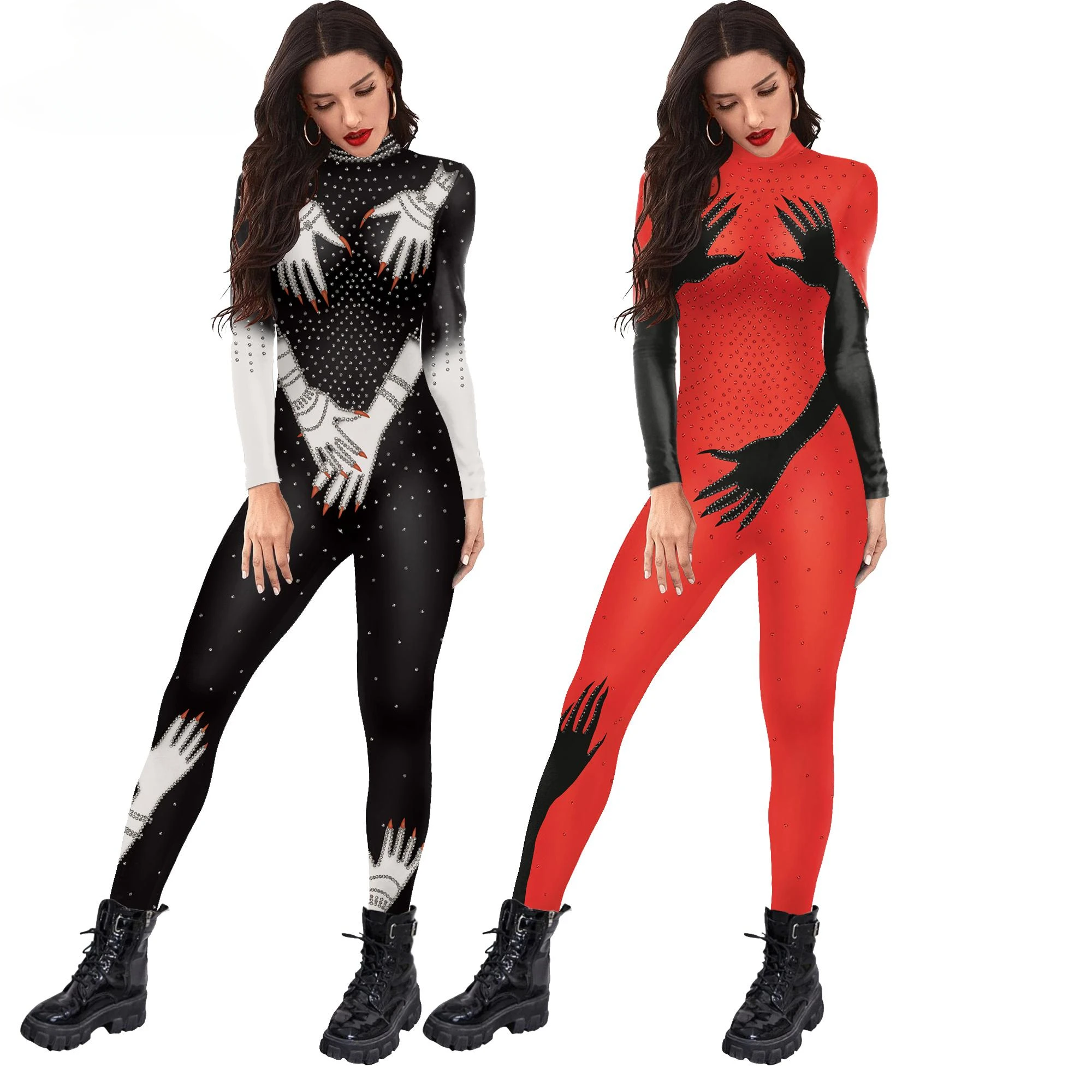 Teanoon-traje de gato para mujer, traje Zentai Sexy negro y rojo, ropa de fiesta navideña, disfraz de Cosplay Digital 3D, monos de manga larga