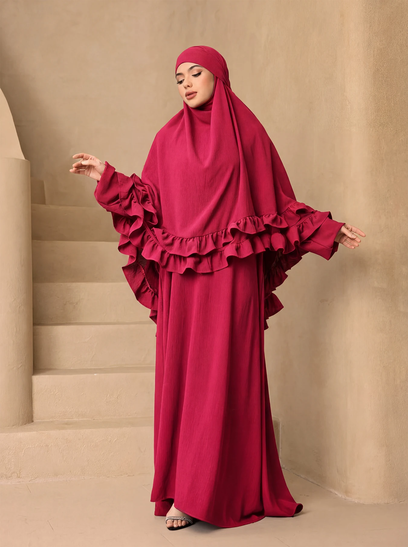 Elegant Ruffle Layer Khimar Abaya Two Piece Set,Loose Modest Long Prayer Dress With Flounce Hijab For MuslimWomen Eid Daily Wear view 6