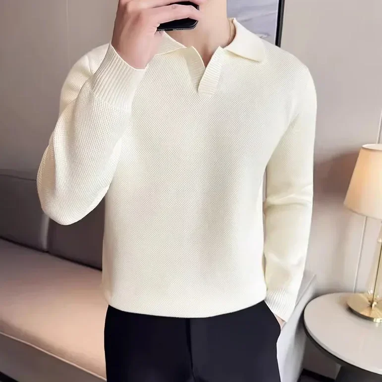 Thick V-neck Sweater Coat, Business Casual Men's Lapel Knit Slim Fit Polo Shirt, Daily Pullover Knit Sweater.