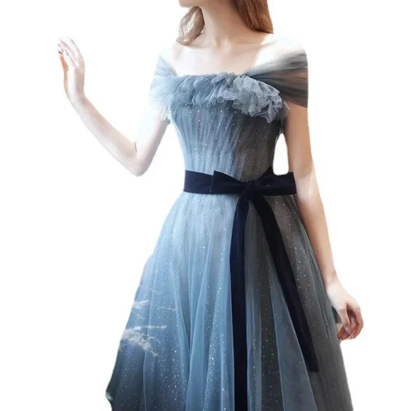 Customized New Greydish Blue Long Evening Dress Sweat Lady Women Princess Bridesmaid Banquet Party Dress Gown Black Lace Slim Wa