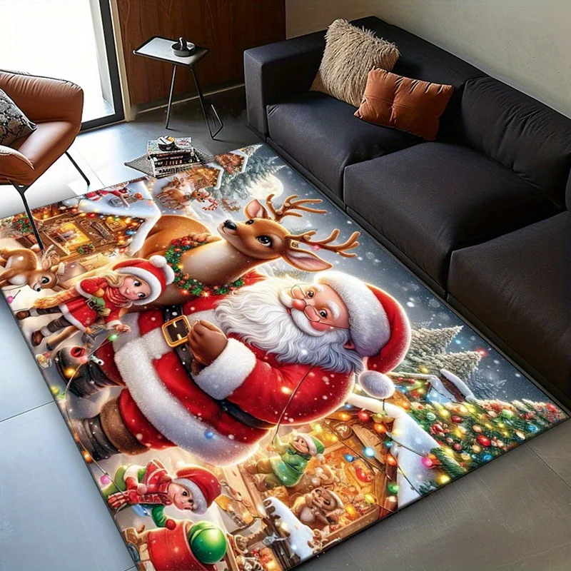 Festive Home Decor Christmas Town Carpet Large Floor Mat With Santa Claus Reindeer Elves Graphic Prints Winter Area Rug