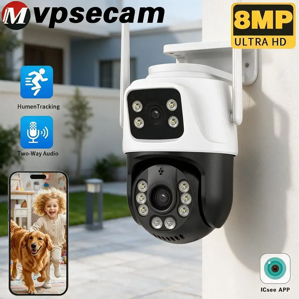 Icsee Dual Lens 8MP WiFi Security Camera Outdoor Smart Home PTZ Color Night Vision Wireless CCTV Video Surveillance Camera 4k