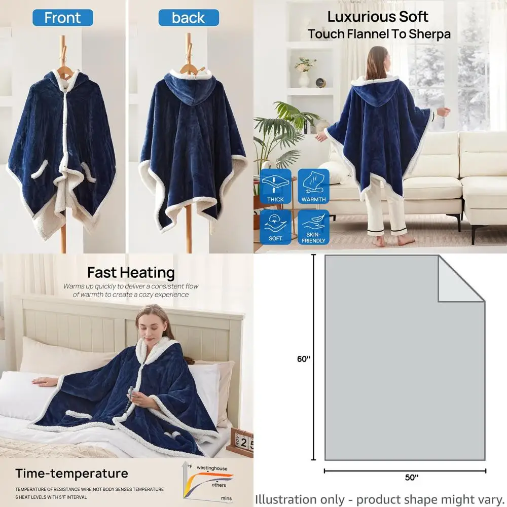 

Navy Electric Heated Shawl Poncho with 6 Levels, 2-10 Hour Timer, 50x60 Inches