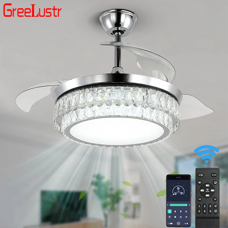 

Crystal Fan Lighting Chandelier With Remote Control 42 Inch Fan Lamps for Living Room Bedroom 6 Level Speed Timeable Luminaires