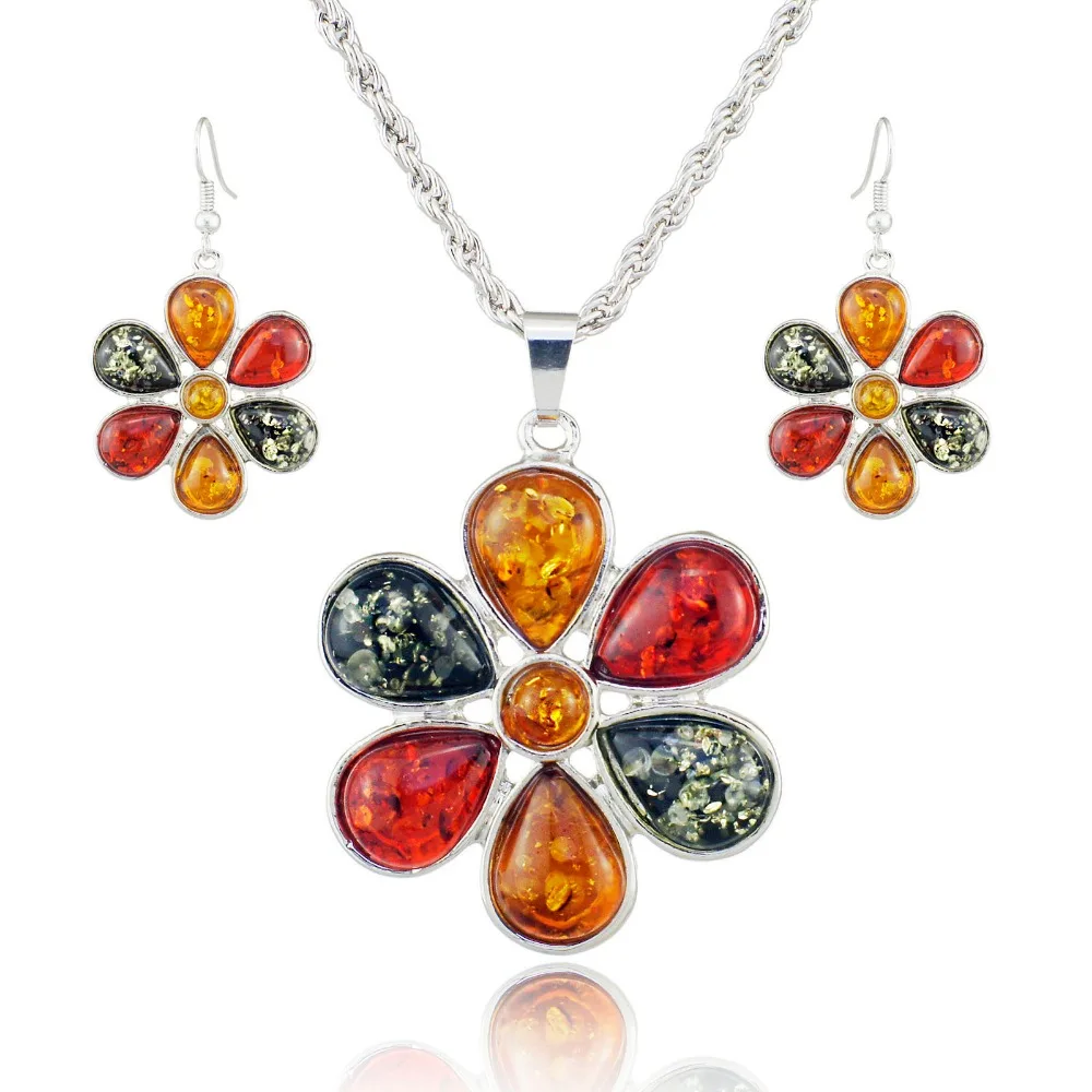 Colorful Baltic Simulated Honey Flower Earrings Necklace Women\'s Wedding Jewelry Set L40901