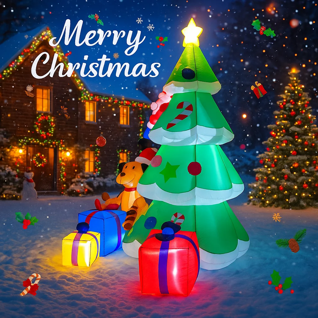 ชุดของตกแต่งเป่าลมขนาด 6.89 ฟุต ต้นคริสต์มาส ซานตาคลอส สุนัข กล่องของขวัญ อุปกรณ์ตกแต่งสนามคริสต์มาส ไฟ LED ของประดับตกแต่งบ้าน ของขวัญเทศกาล