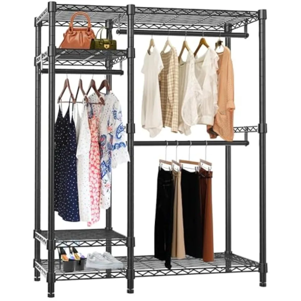 

Armoire Wardrobe Closet Metal Cabinet and Clothes Rack with 4 Tiers & 3 Hanging Rods Storage Clothing Rack Organizer