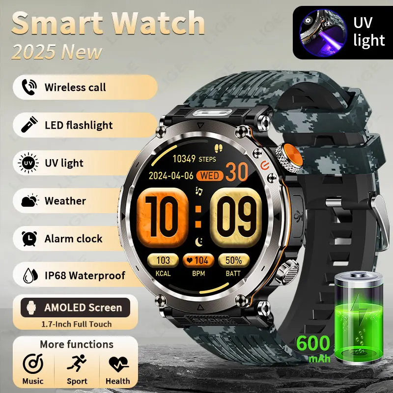 

2025 New Smart Watch Men 600mAh Flashlight Outdoor Watches Compass Bluetooth Call Heart Rate Monitor Waterproof Sport Smartwatch