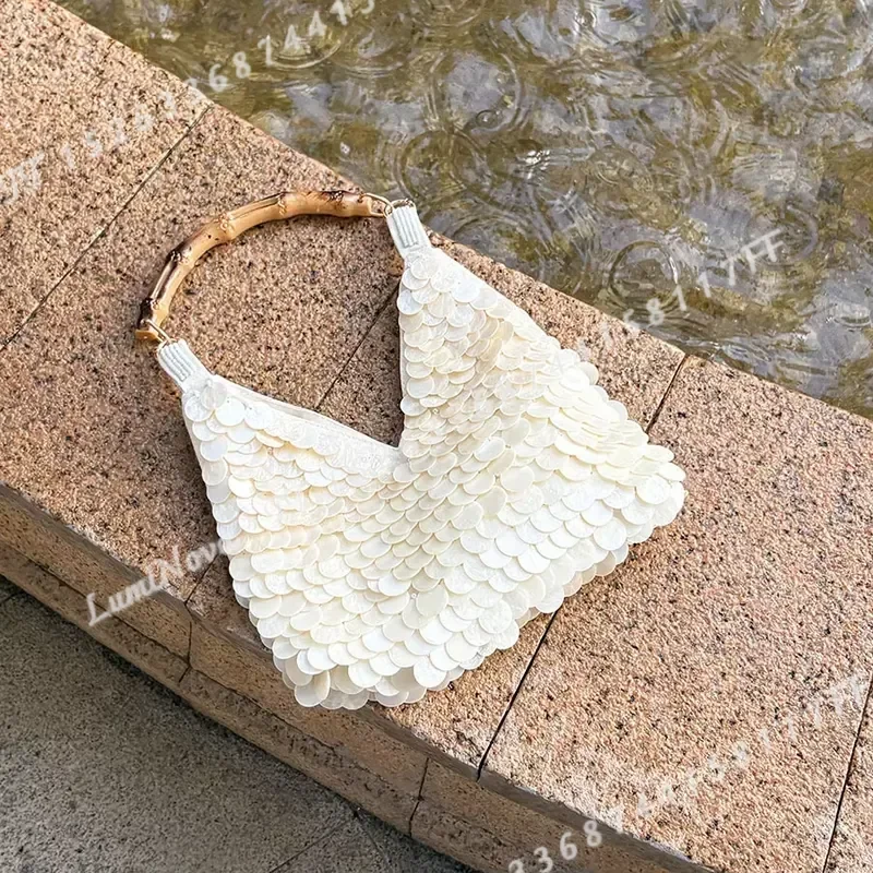 for Spring Summer Natural Shell Pieces Wooden Handle Bamboo Handbag Seaside Vacation Gentle Temperament Exquisite Handbag