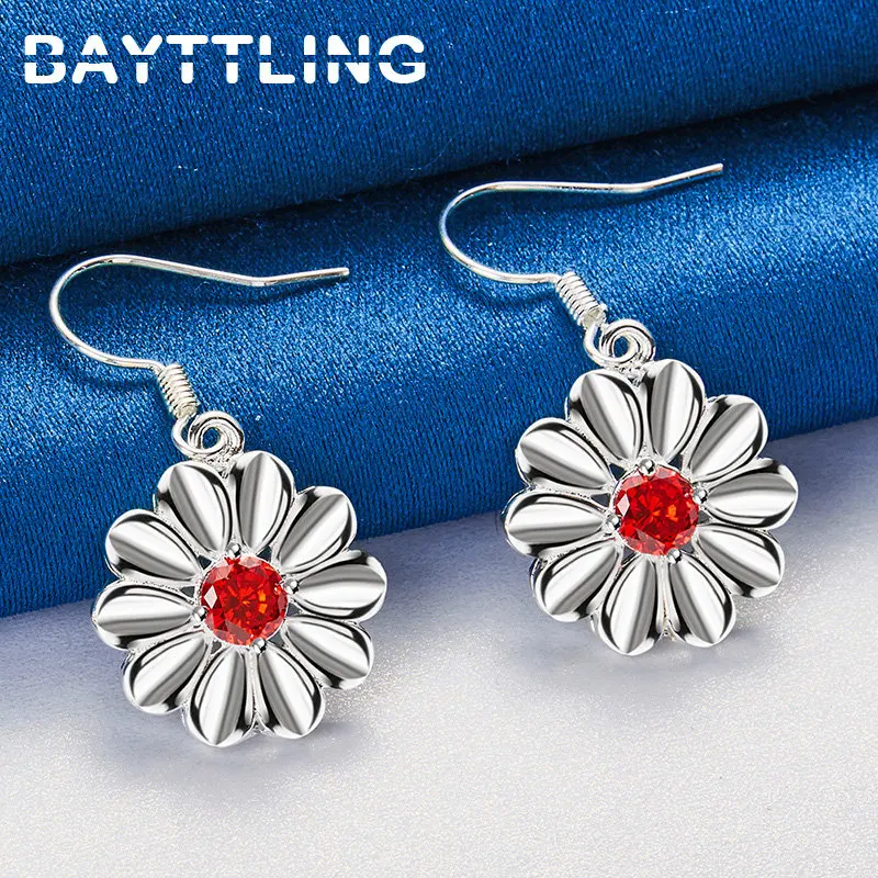 

Luxury 925 Sterling Silver Flowers 43MM Fine Red Zircon Earrings For Women Fashion Christmas Gift Earrings Jewelry Accessories