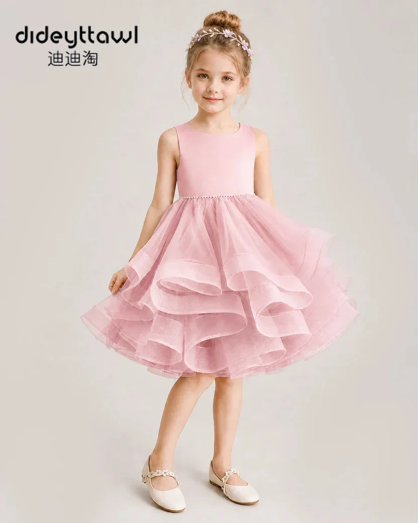 Girls Sleeveless Satin Tulle Flower Girl Dress Big Bow Back High Low Hem Kids Wedding Pageant Multi Color Children Birthday Gown