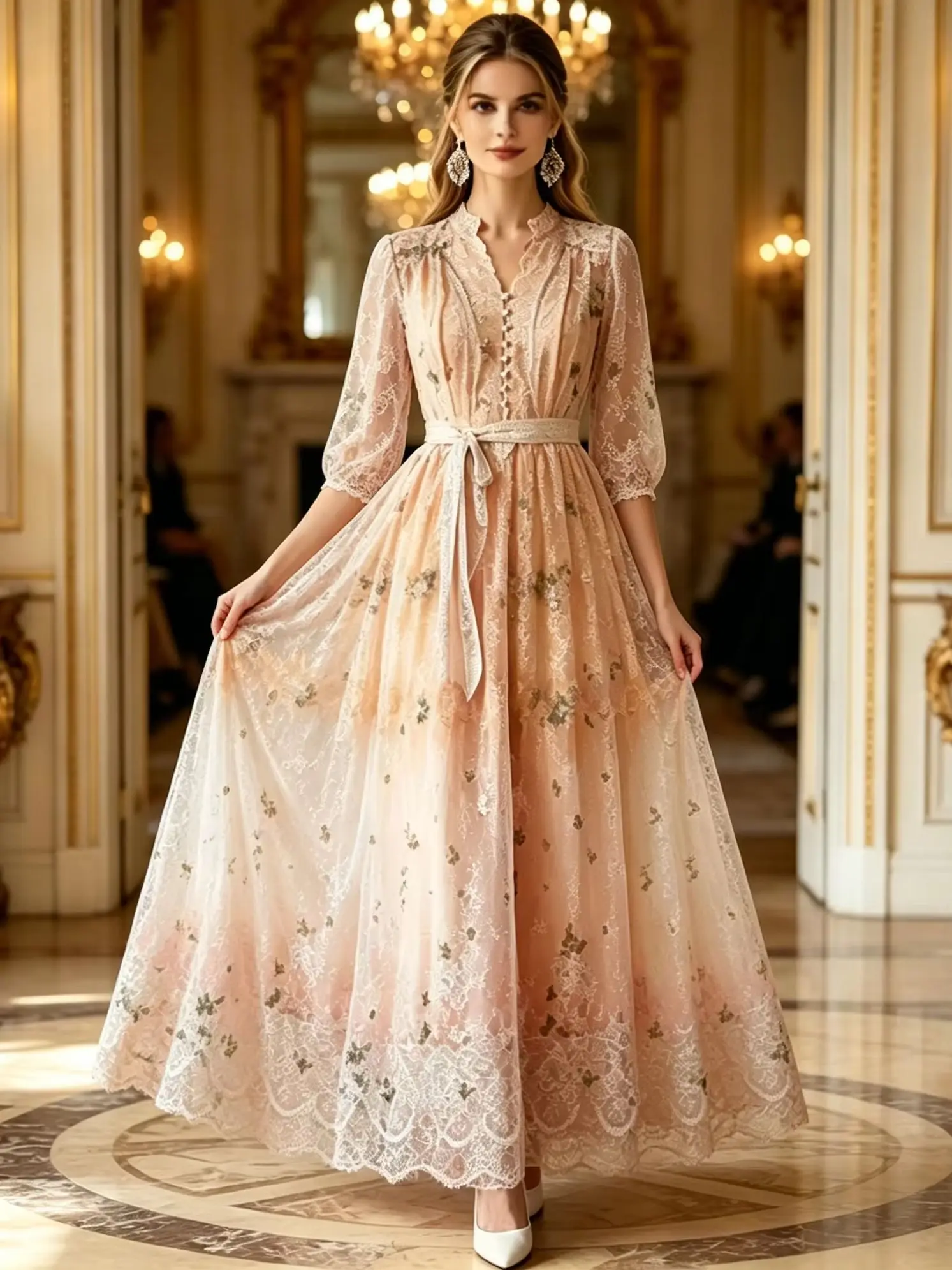 Embroidery Formal Evening Lace Long Dress Women V-Neck Single Breasted Belt Crochet Short Sleeve Maxi Dress Prom Party Vestidos