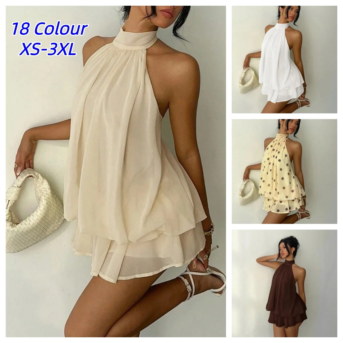 Französischer Stil Einfarbiges Damen-Neckholder-Kleid Ärmellos Schulterfrei Rückenfrei A-Linie Mini Spicy Girl Strand- und Urlaubskleider