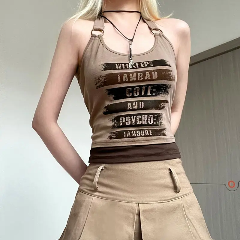 American Retro Letter-print Halter Vest Ring Buckle Splicing New Summer Design Make A Skinny Spice Top Trend Ventilate Comfort