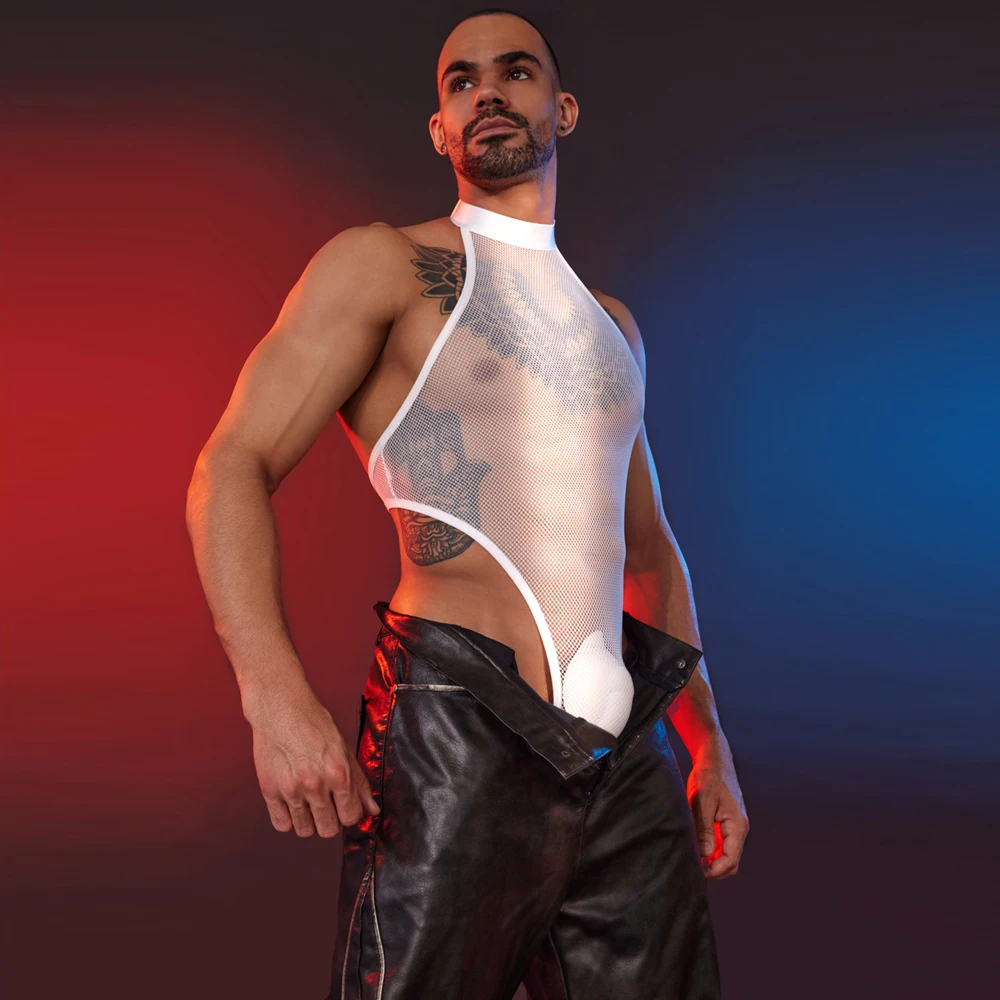 Sexy Men Mesh Halter Sheer Bodysuit Tops Big U Bulge Pouch Tights Hollow Out Backless Erotic Top Man Thong Cut Leotard