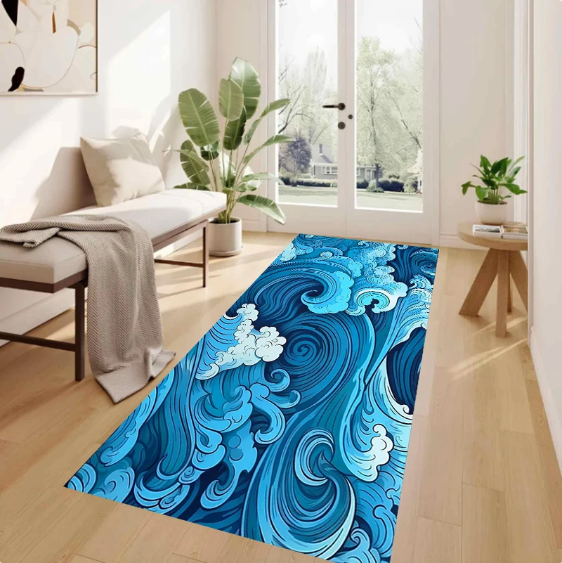 Wave Illustration Print Runner Rug Artistic Decorative Floor Protection Pad Living Room Bedroom Kitchen Entrance Anti Slip Rug