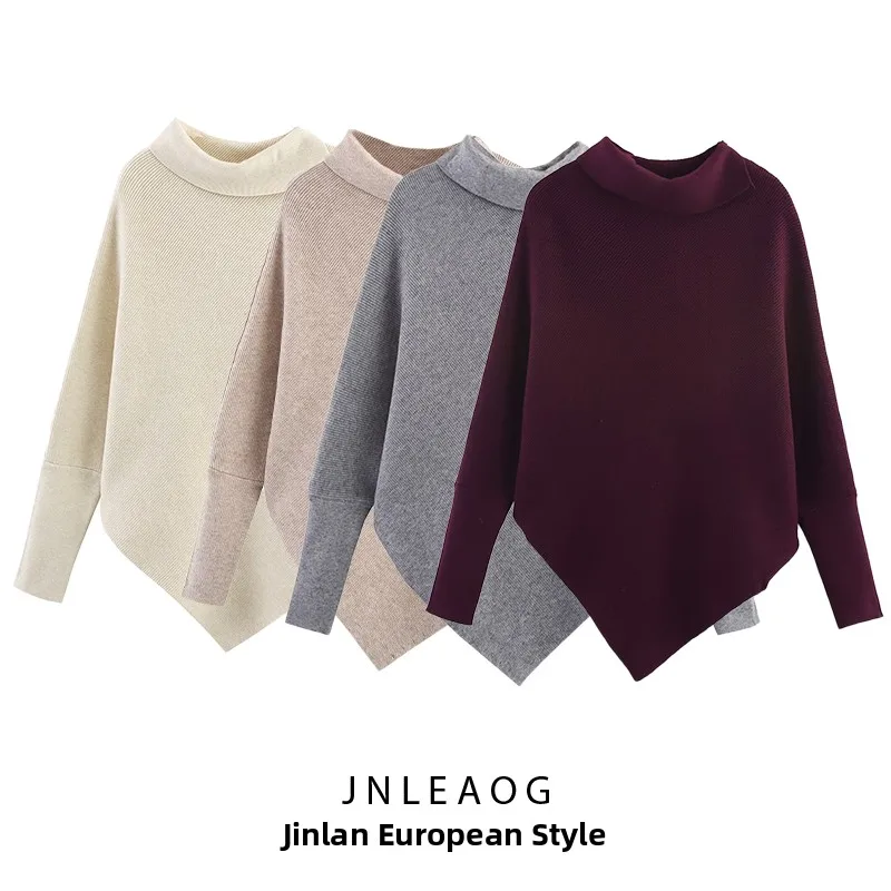 

JNLEAOG Autumn New Women's Faion Pullover Knitted Polyester Fiber Batwing Sve Irregular Striped Core Spin Yarn Sweater