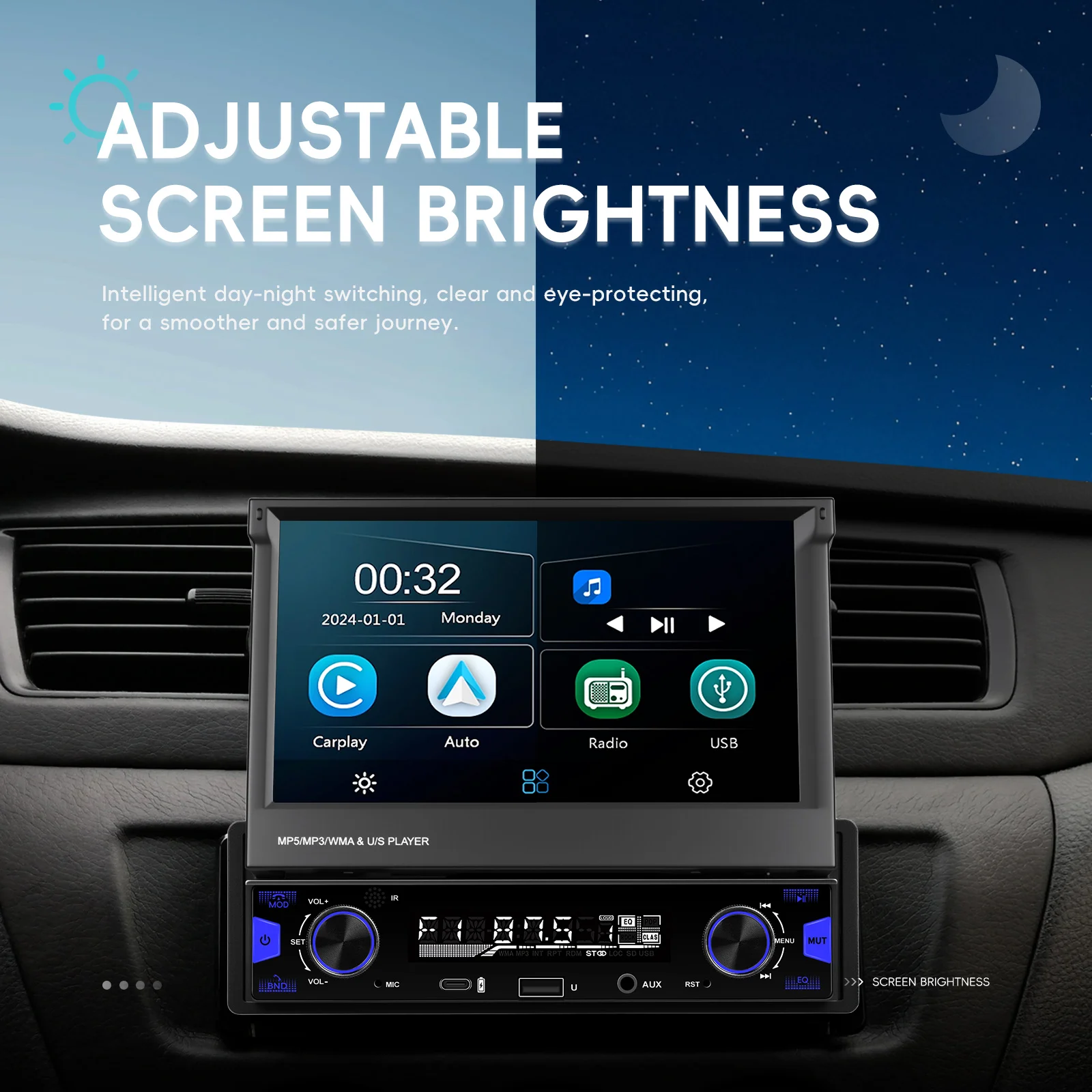 Hikity 7 بوصة One DIN سيارة الوسائط المتعددة MP5 راديو تلقائي يدعم CarPlay، Andriod مشغل صوت تلقائي شاشة لمس قابلة للسحب BT، FM