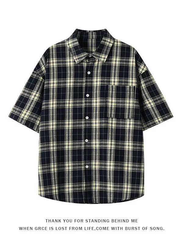 Cobalt Blue Plaid Short Sleeve Shirt Men's Summer American Retro High-End Feeling Cool Casual Half Sleeve Shirt Jacket Trendy