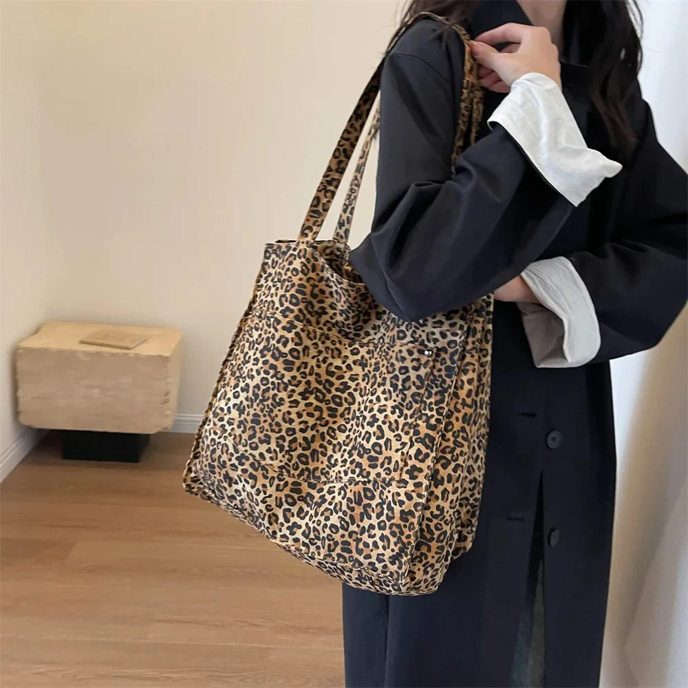 Casual Oversized Tote Bags Leopard Prints Deformable Underarm Bag Canvas Large Capacity Handbag Women