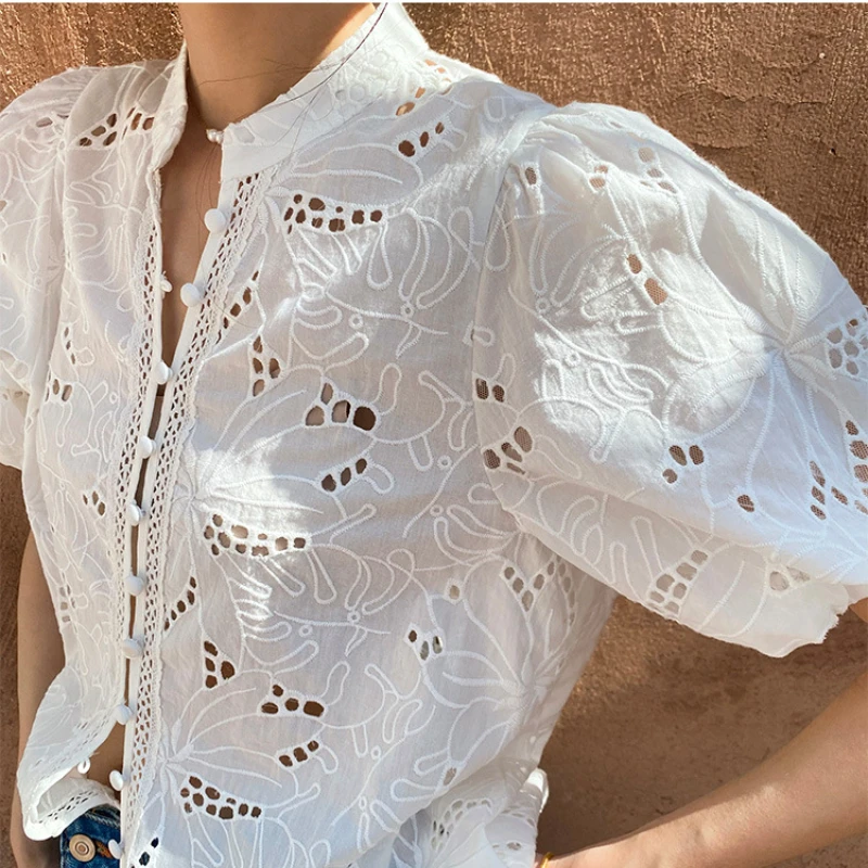 Bohemian White Embroidered Hollow Out Shirt Women\'s Spring/Summer Casual Vacation Top 2024 New In