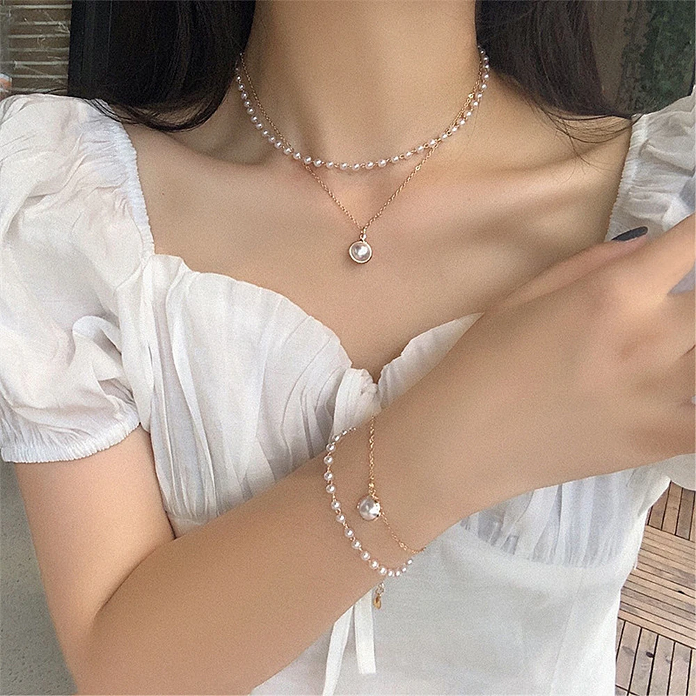 INS Fashion Retro Jewelry Pearl Choker Necklace Bracelet Double Layer