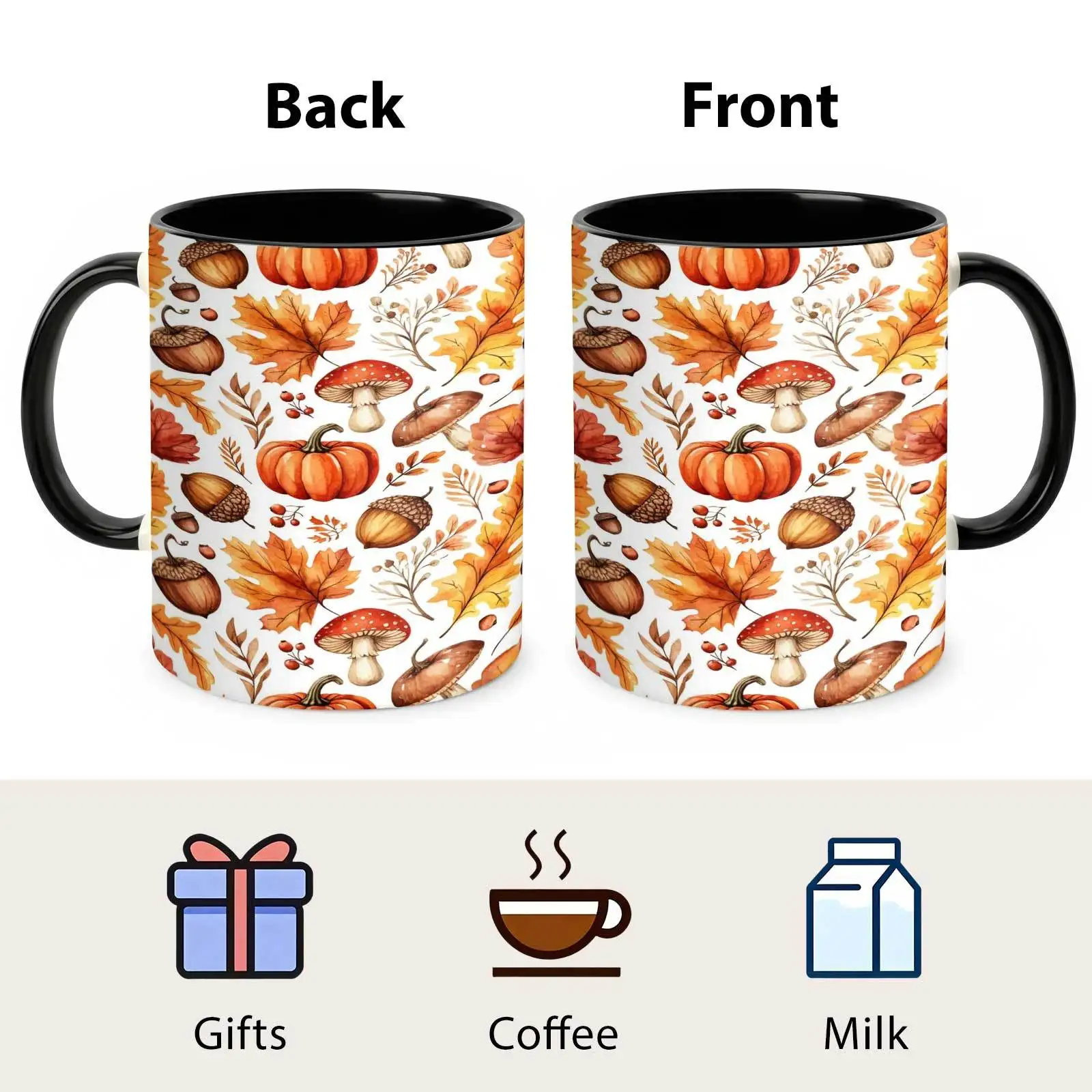 1pc, Autumn Harvest Pumpkin Acorn Mushroom, 11 Oz Colored Ceramic Mug, Watercolor Forest Botanical Design Print, for Home And Office, Thanksgiving Gift, Tumbler, Local Warehouse, Gifts for Men And Women, Friends