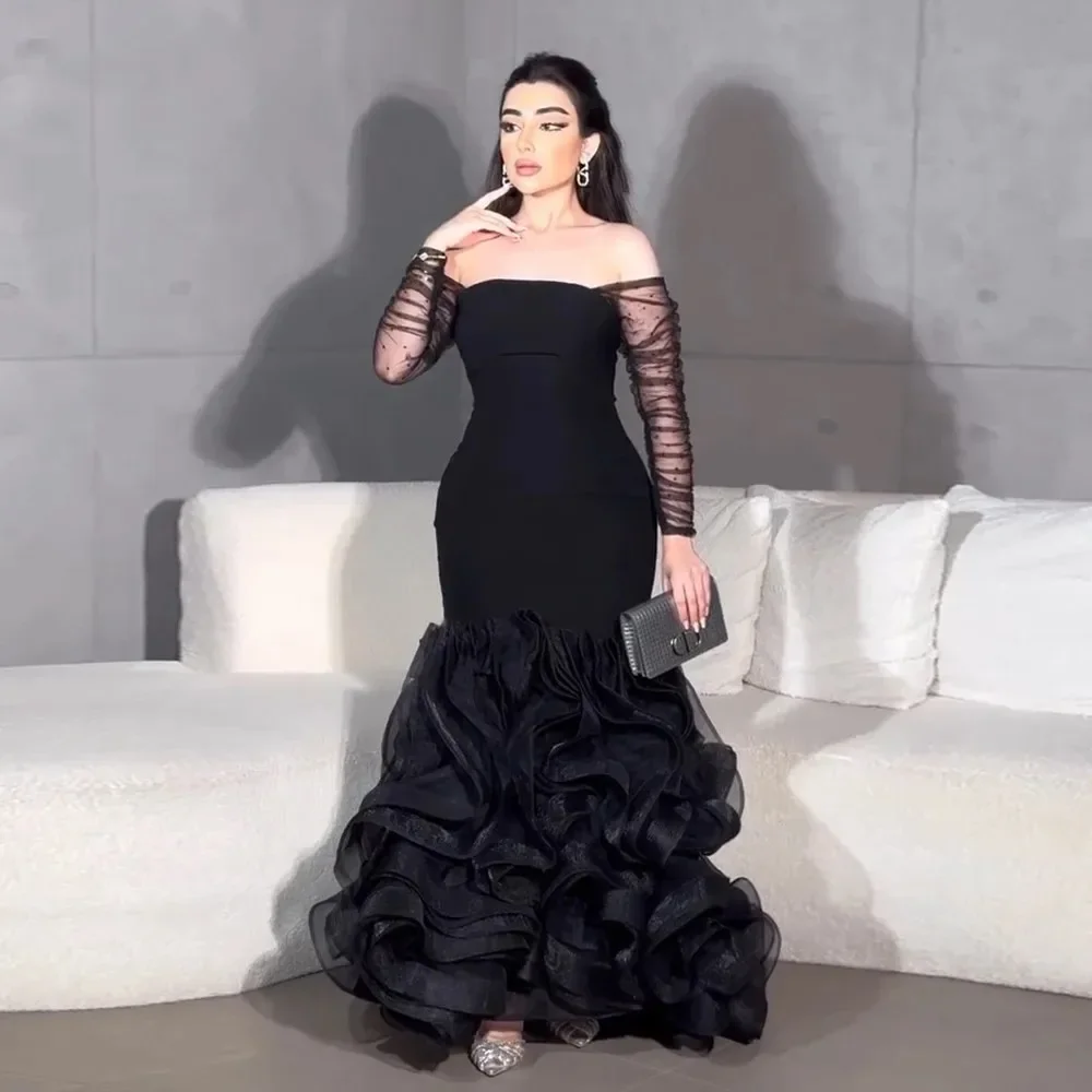 Gorgeous Off the Shoulder Black Mermaid Evening Dresses Fashion Ruched Pleat Formal Party Gowns Chic Floor Length Prom Dresses