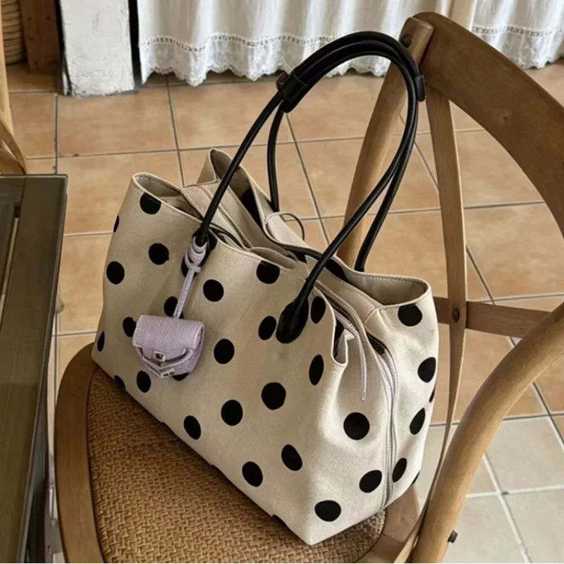 

Polka Dot Canvas Tote Bag Large Capacity Multi-compartment Shoulder Bag Korean Style Nylon Handbag Lightweight Daily Commut Tote