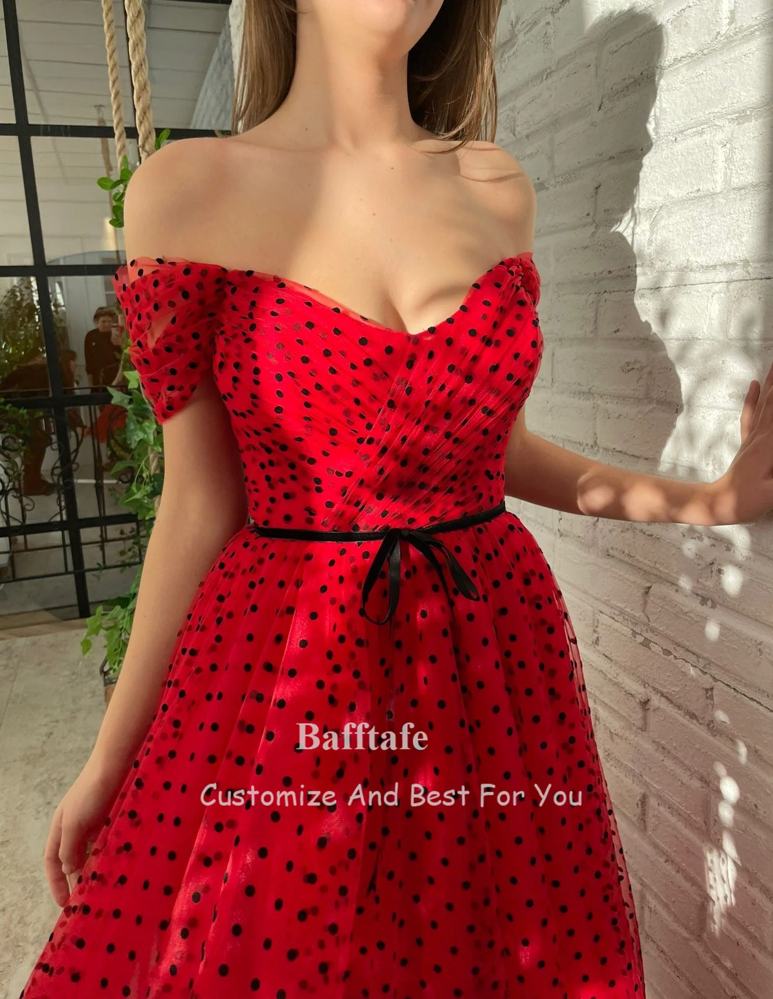 Red Tulle Black Polka Dots Prom Party Dresses Ankle Length Midi Formal Homecoming Gowns Pleated Women Evening Dress Customized