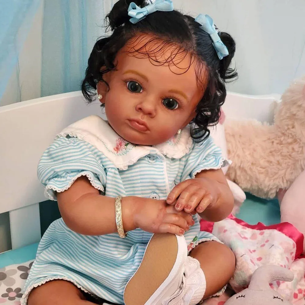 

24Inch African American Doll Tutti Black Skin Reborn Baby Finished Newborn With Rooted Hair Handmade Toy Gift For Girls